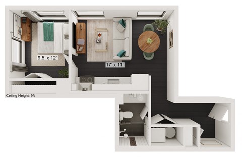 Floor plan for 1 bed, 1 bath, 526 sqft